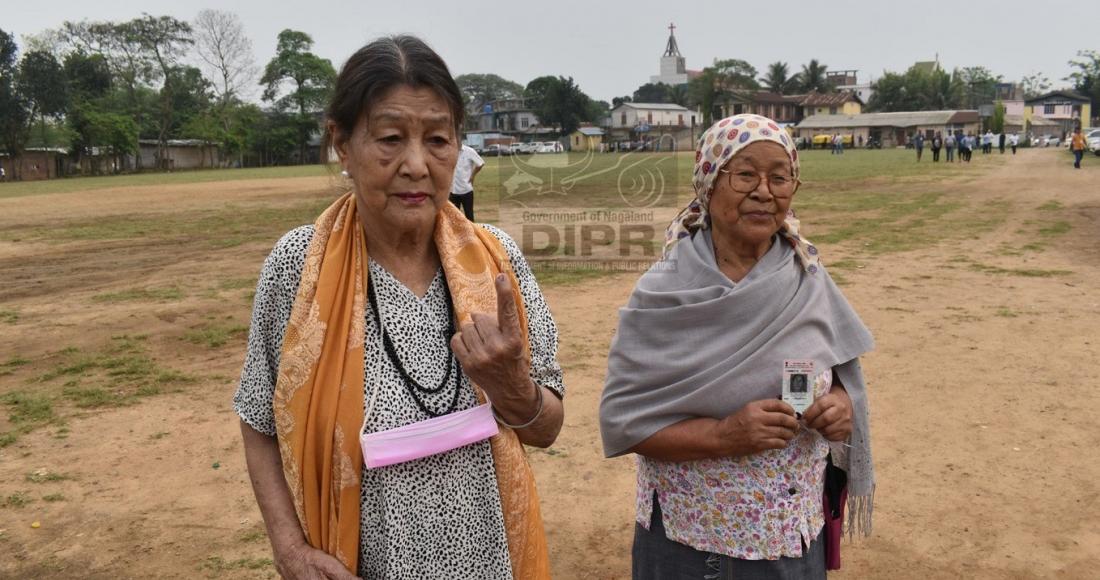 ELDERLY WOMEN AFTER CASTING THEIR VOTES AT 4 GHASPANI-L, CHUMOUKEDIMA ON 19TH APRIL 2024.