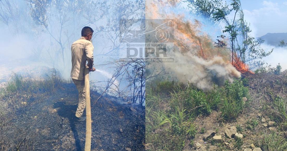 Fire personnel containing a fire that broke out between Changchor village and Pilongkyu village at Kiphire on 29th April 2024 